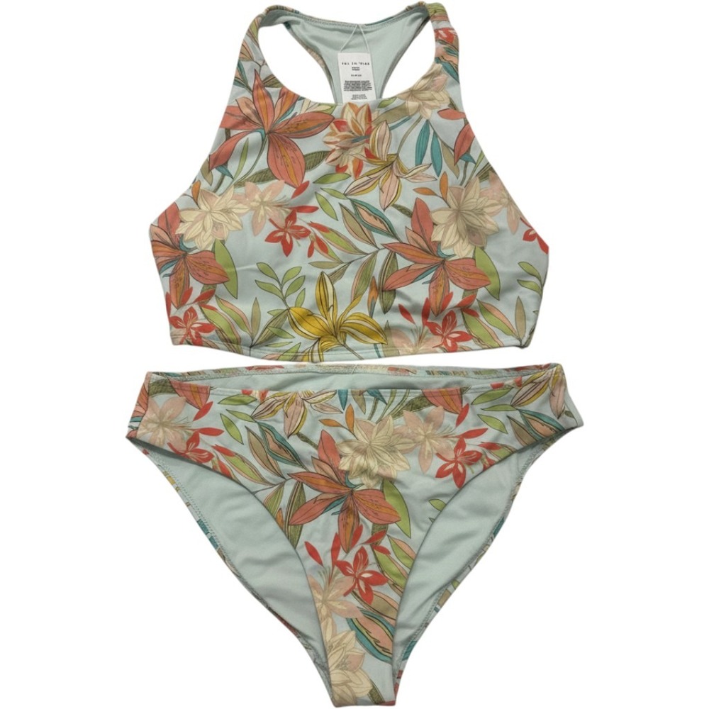 Sol Angeles Womens Tropical Floral High Neck Racerback 2 Piece Bikini Set Pink M